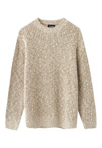 Pull en tricot marbré beige et blanc avec manches longues et col rond, poignets et ourlet côtelés.
