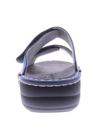 Open-toed sandals with blue upper straps, grey footbed, and a black platform sole featuring white stitching along the edge.