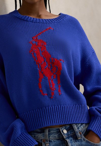 Μπλε πλεκτό πουλόβερ με στρογγυλή λαιμόκοψη και ριμπ τελείωμα, με κόκκινο λογότυπο σε σχήμα αλόγου. Μακριά μανίκια, υφασμάτινη υφή.