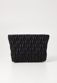 Black, padded clutch bag featuring diamond quilted texture, with a structured shape and smooth leather material. No visible hardware.