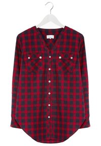 Rood en marineblauw geruit shirt, lange mouwen, V-hals, knoopsluiting aan de voorkant, twee borstzakken met knoopsluitingen, gemaakt van zacht materiaal.