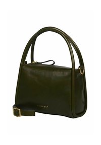 Borsa in pelle verde scuro con due manici arrotondati, un accento del logo dorato e una tracolla staccabile per opzioni di trasporto versatili.