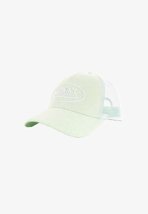 Casquette vert menthe avec un panneau avant texturé et des côtés en maille blanche. Dotée d'une visière arrondie et d'un logo "Van Dutch" brodé.