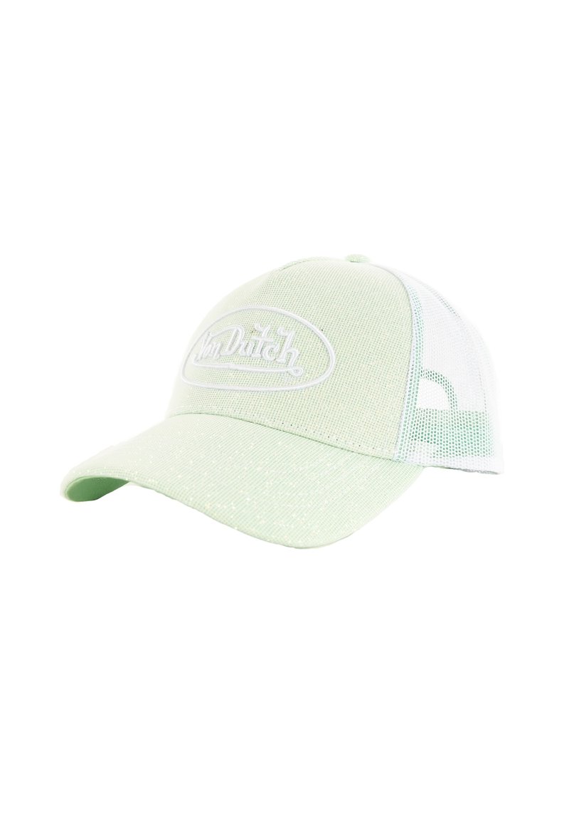 Mintgrüne Kappe mit einer strukturierten Vorderseite und weißen Netzseiten. Mit einem abgerundeten Schirm und gesticktem "Van Dutch"-Logo.