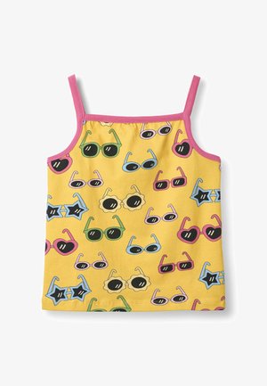 Canottiera gialla con spalline rosa, caratterizzata da un motivo di occhiali da sole colorati in varie forme come cuori, stelle e fiori.