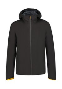 Sort vandtæt jakke med hætte, frontlynlås og gule detaljer på ærmerne. Har et slankt design og glat tekstur.