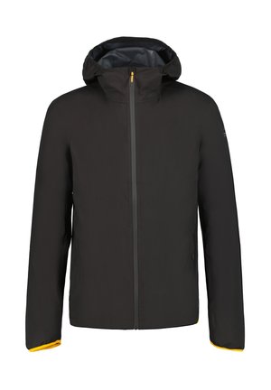 Giacca nera impermeabile con cappuccio, zip frontale e dettagli gialli sui polsini. Presenta un design elegante e una texture liscia.