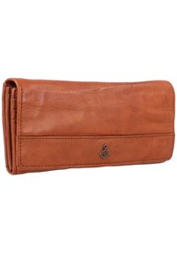 Portafoglio in pelle marrone con una texture liscia, forma rettangolare e decorazioni cucite. Presenta un piccolo emblema di un'ancora sul davanti.