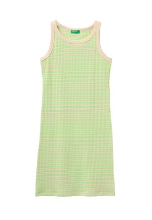 Vestido sin mangas hasta la rodilla con diseño de cuadros en verde claro y beige y ribete acanalado beige en el cuello y las sisas.