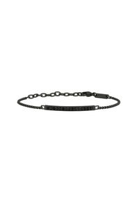Bracciale a catena nera con accento in pietra nera rettangolare, maglie testurizzate e chiusura sicura. Finitura opaca in tutto.