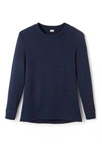 Camicia a maniche lunghe blu scuro in tessuto misto cotone, con scollatura rotonda, orlo dritto e vestibilità affusolata. Morbido al tatto.