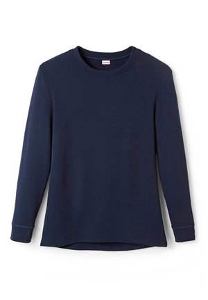 Camicia a maniche lunghe blu scuro in tessuto misto cotone, con scollatura rotonda, orlo dritto e vestibilità affusolata. Morbido al tatto.