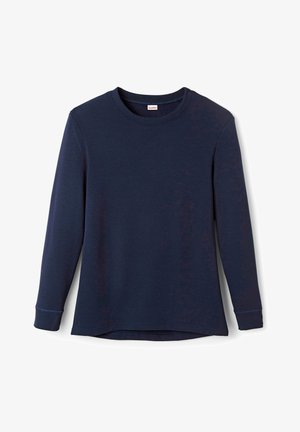 Camicia a maniche lunghe blu scuro in tessuto misto cotone, con scollatura rotonda, orlo dritto e vestibilità affusolata. Morbido al tatto.