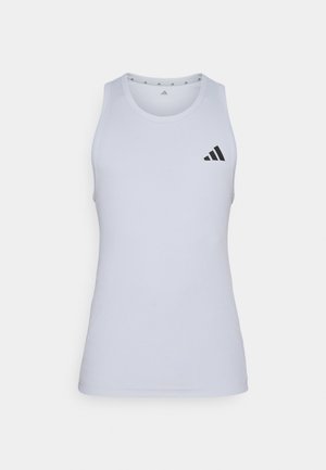 White athletic tank top with a ribbed texture, featuring a black Adidas logo on the left chest and a round neckline.