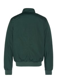 Dunkelgrüne Bomberjacke mit Stehkragen, elastischen Bündchen und Saum. Glatte Textur, einfaches Design, mit dezenten Nähdetails.