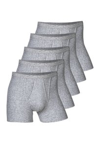 Five pairs of gray boxer briefs with a soft, textured fabric, elastic waistband, and classic cut featuring a pouch and front fly opening.