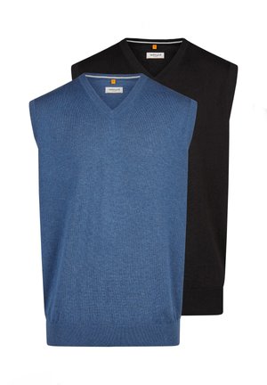 Deux pulls sans manches à col en V en maille, l'un bleu et l'autre noir, superposés avec le pull bleu devant et le pull noir derrière.