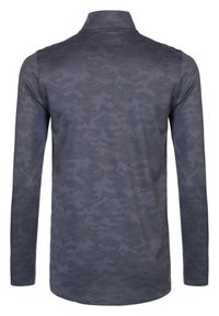 Chemise à manches longues, motif camouflage gris foncé avec col montant, vue de dos.