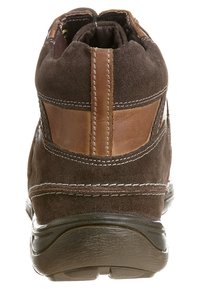 Brown suede ankle boot with a smooth leather panel, contrasting stitching, and a cushioned rubber sole. Rounded toe and padded collar.