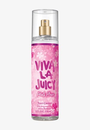 Klare Sprühflasche mit goldener Pumpe und rosa Blumenetikett mit der Aufschrift "Viva La Juicy Petals Please" feiner Duftnebel, 8 fl oz (236 ml).