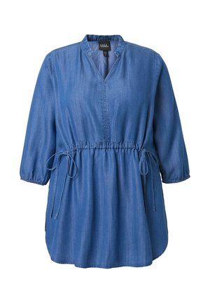 Blaue Denim-Tunika mit V-Ausschnitt, langen Puffärmeln und elastischem Bund. Sie verfügt über verstellbare Kordeln im Bund für eine individuell anpassbare Passform.