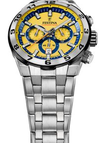 Orologio da polso cronografo con bracciale in acciaio inossidabile, quadrante giallo, accenti blu e lunetta nera. Presenta tre sottodial e display della data.