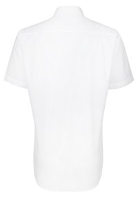 Bílé košile s krátkým rukávem vyrobená z hladké látky, s jednoduchým límečkem a bez viditelných vzorů či ozdob. Jednoduchý, čistý design.