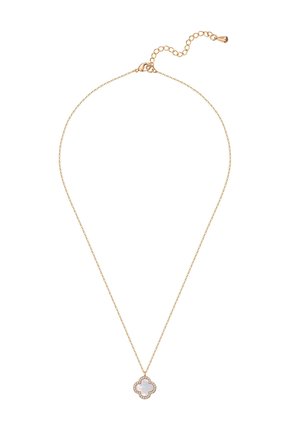 Collier délicat en chaîne d’or avec un petit pendentif trèfle en nacre entouré de minuscules cristaux et un fermoir réglable.