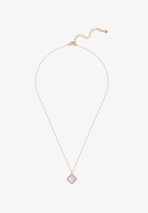 Delicata collana a catena d’oro con un piccolo ciondolo a trifoglio in madreperla circondato da minuscoli cristalli e una chiusura regolabile.