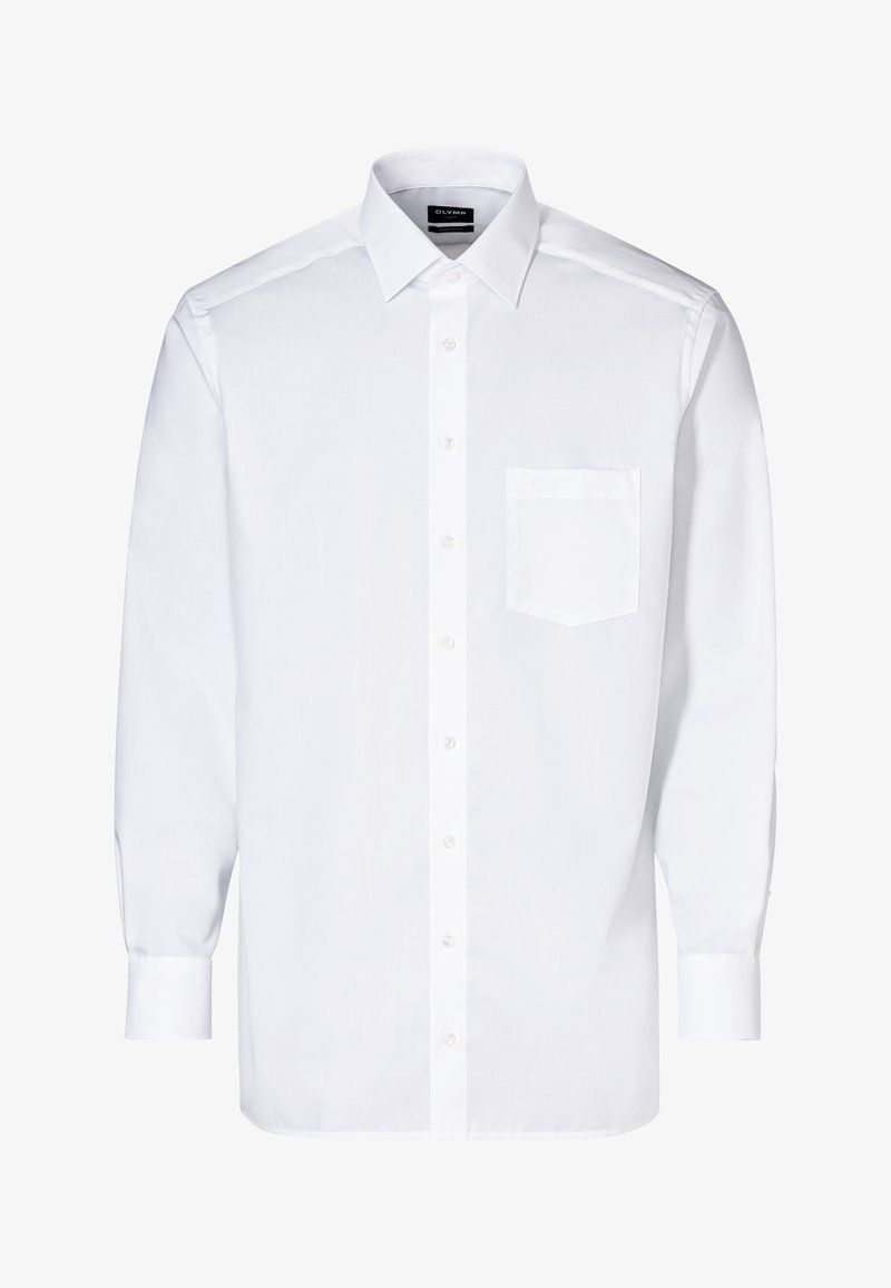 Witte overhemdd met lange mouwen, knoopsluiting aan de voorkant, één borstzak, klassieke kraag en een gladde textuur.