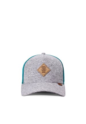 Gray baseball cap with teal mesh sides, a brown diamond-shaped logo patch labeled "DJINNS" on the front, and a curved brim.