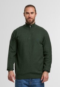 Dunkelgrüner Quarter-Zip-Pullover, Stricktextur, lange Ärmel, gerippte Bündchen und Saum, kleines Logo auf der Brust, taillierte Silhouette.