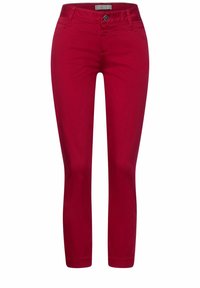 Women's slim-fit red trousers with belt loops, button and zipper closure, and front pockets, shown against a white background.