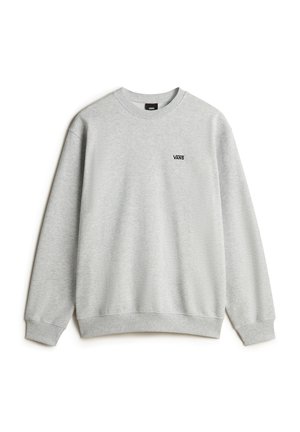 Harmaa crewneck-huppari, joka on valmistettu pehmeästä kankaasta. Varustettu ribbed-hihansuilla ja helmalla, ja rinnassa on pieni musta Vans-logo.