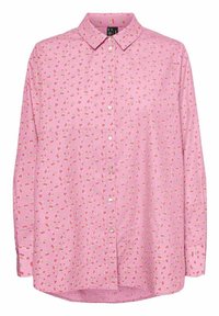 Pink button-up shirt featuring a floral pattern in red and green, with a classic collar, long sleeves, and a slightly longer back hem.