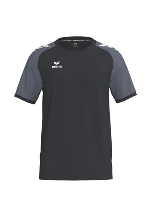 Schwarzes und dunkelgraues Sport-T-Shirt mit kurzen Ärmeln, Rundhalsausschnitt und weißem Erima-Logo auf der linken Brust und den Schultern.