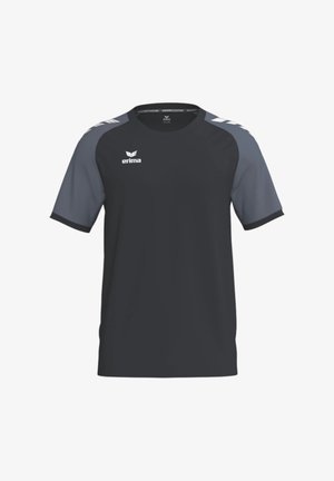 Maglietta sportiva nera e grigio scuro con maniche corte, scollo rotondo e logo bianco Erima sul petto sinistro e sulle spalle.