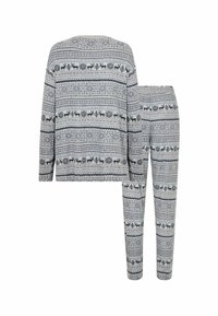Harmaa kuvioitu loungemekko, joka koostuu pitkähihaisesta paidasta ja housuista. Monimutkaisia muotoiluja, joissa on yli äänkijöitä, lumihiutaleita ja geometrisia muotoja tummansinisinä.