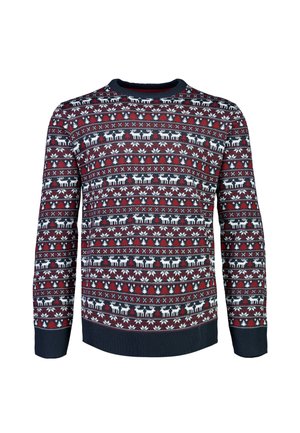 Gebreide trui in marineblauw, bordeauxrood en wit met een herhalend Fair Isle patroon met bomen en rendieren. Ronde halslijn en geribde manchetten.