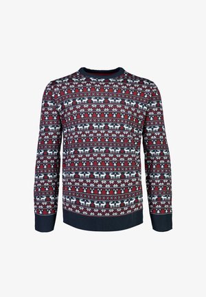 Gebreide trui in marineblauw, bordeauxrood en wit met een herhalend Fair Isle patroon met bomen en rendieren. Ronde halslijn en geribde manchetten.