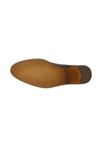 Suola in cuoio marrone chiaro con un motivo testurizzato, bordi cuciti in marrone e design a punta arrotondata, caratterizzata da una finitura liscia.