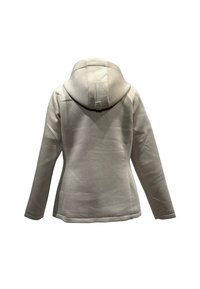 Hellegraue Kapuzenjacke aus strukturiertem Stoff, taillierte Silhouette und flache Kapuze. Hat eine Rückennaht und ein kleines Logo auf der Kapuze.