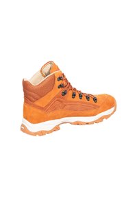 Oranger Wildleder-Wanderstiefel mit Mesh-Obermaterial, schwarzen Ösen und einer stabilen weißen Gummisohle. Merkmale sind ein gepolsterter Kragen und strukturierte Akzente.