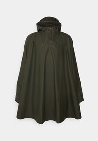 Oliven grøn vandtæt poncho med høj krave, justerbar hætte og trykknaplukning. Har et løst, flydende design.
