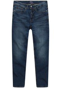 Jeans in denim blu scuro con vestibilità regolare, design a cinque tasche, chiusura frontale con bottone e zip, e leggero sbiadimento sulle cosce.