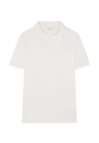 Witte polo shirt met korte mouwen en een V-hals ontwerp. Gemaakt van gladde stof, met een klassieke kraag en een minimalistische stijl.