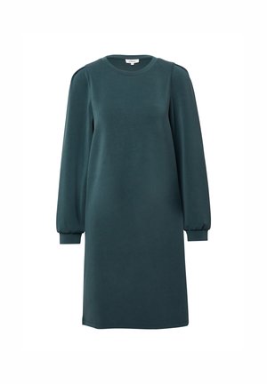 Abito felpa teal con maniche lunghe e gonfie, scollo rotondo e vestibilità comoda. Realizzato in un tessuto morbido e liscio senza motivi visibili.