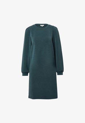 Mėlynos spalvos megztinis su ilgomis pūstomis rankovėmis, apvaliu iškirpimu ir laisvu siluetu. Pagamintas iš minkštos, lygaus audinio be matomų raštų.