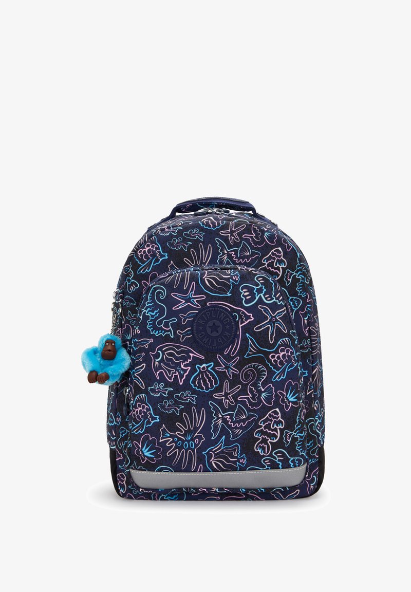 Navy fabric backpack with vibrant ocean-themed patterns in pink and blue. Features a furry blue monkey keychain and a logo patch.