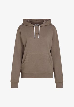 Pruun kapuutsiga dressipluus, mis on valmistatud pehmest kangast, sisaldab esist lõhet, reguleeritavat kapuutsi ja soonikse ääri. Rinna piirkonnas on peent logodetaili tikand.